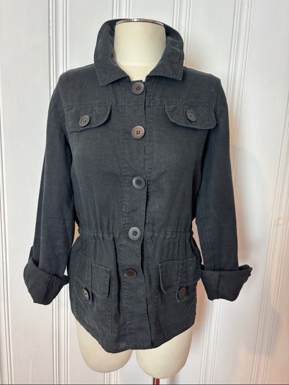 MIFRESIA Black Linen Military Utility Jacket – Cinch Waist - Size M (estimated)